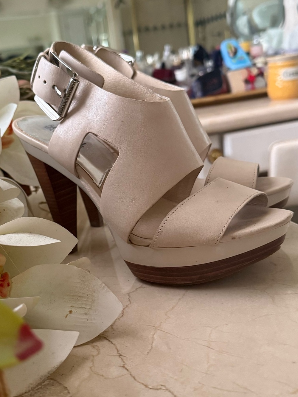 Michael Kors Cream Open-Toe Platform Sandal with Buckle